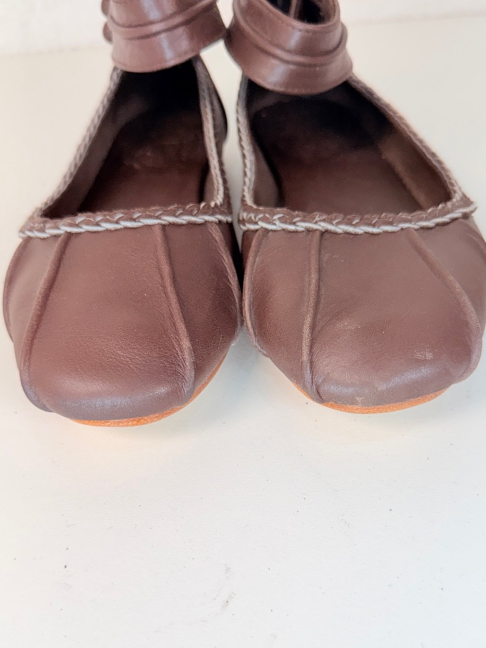 Women's Brown Ankle-Strap Leather Ballet Flats - Picture 7 of 15